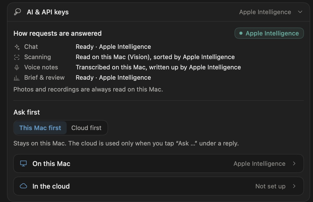 Settings, AI and API keys: chat, scanning, voice notes and the brief are all handled by Apple Intelligence on this Mac, with This Mac first selected and no cloud service set up.