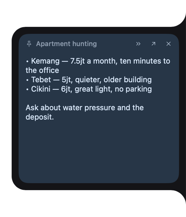 Apartment hunting, open on the screen edge: three flats to compare and a reminder to ask about the deposit.