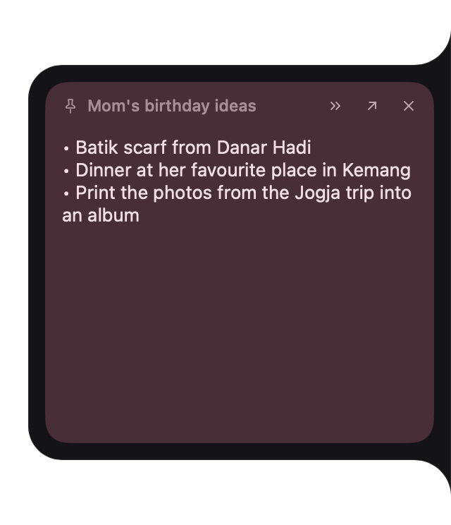 Mom’s birthday ideas, open on the screen edge as a pink sticky.
