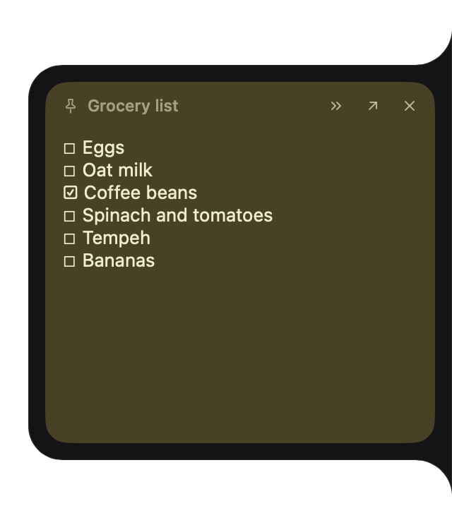 Grocery list, open on the screen edge as a yellow sticky, with coffee beans ticked off.