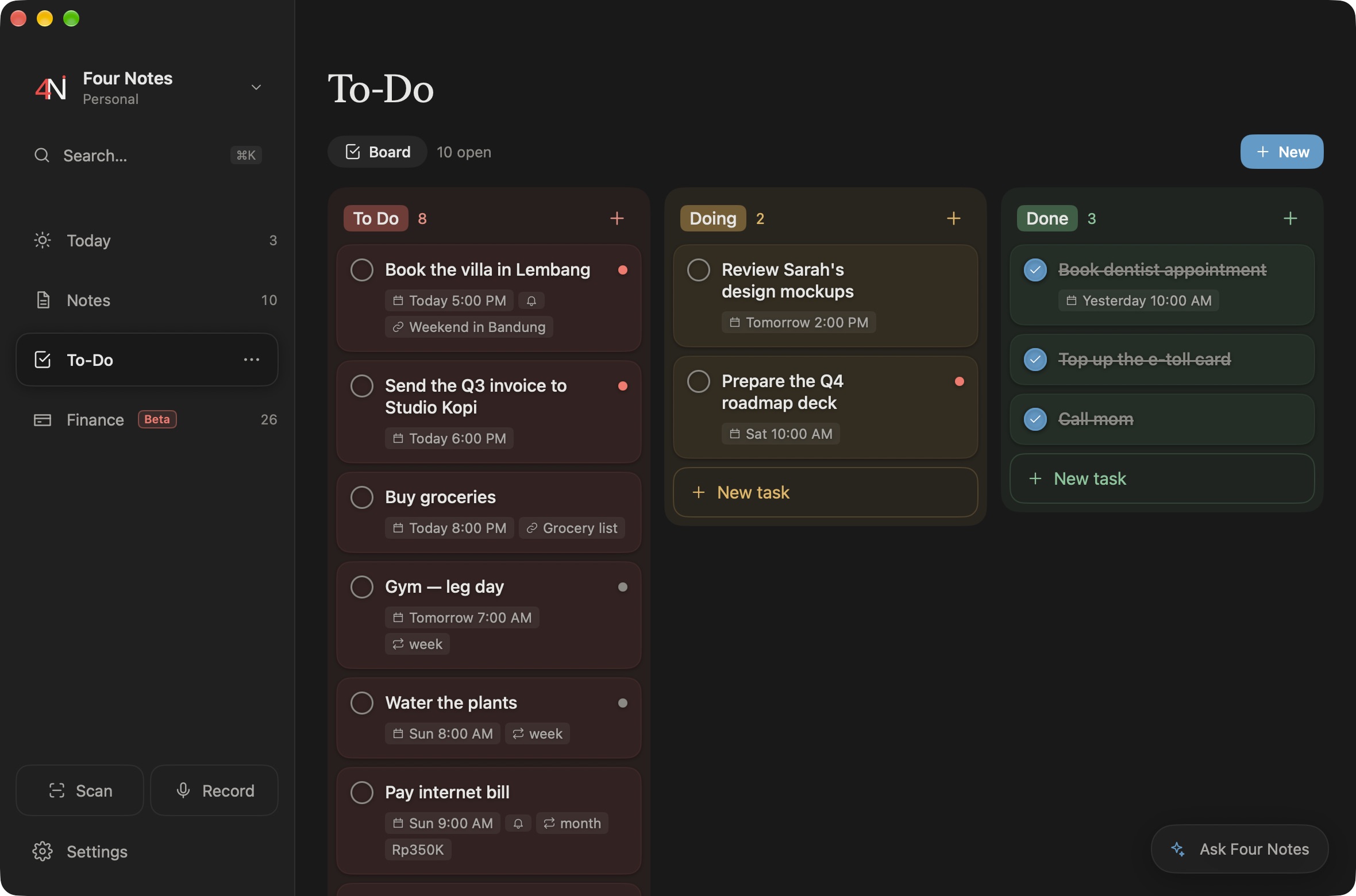 To-Do: a board with To do, Doing and Done columns; tasks show due times, repeats, reminders and a bill amount.